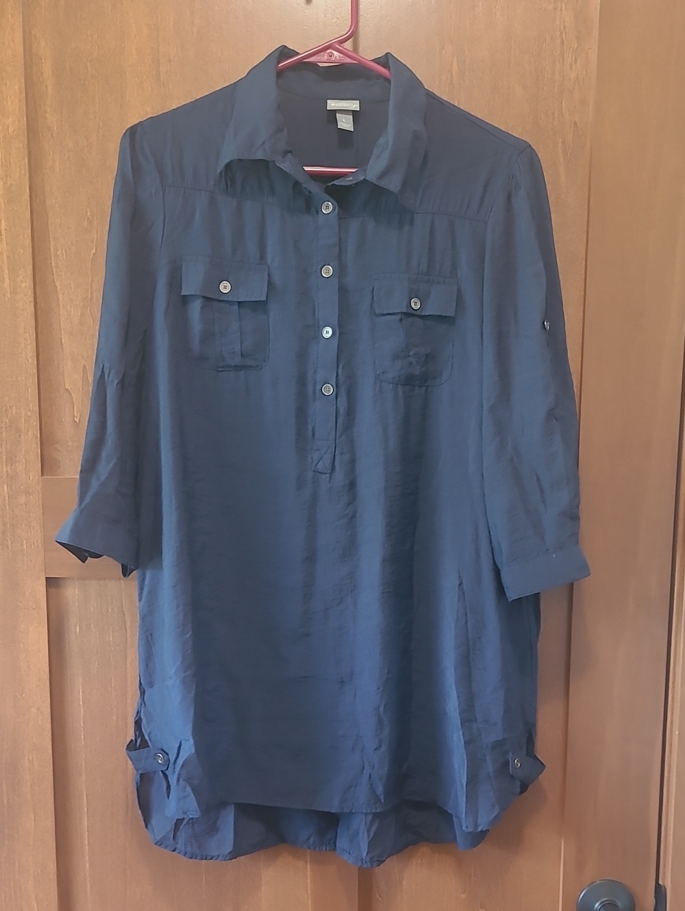 Vanity Y2K Navy Button-Front Tunic with Roll-Tab Sleeves, Sz L